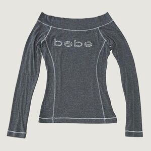 Y2K 2000s‎ Bebe Off Shoulder Gray Long Sleeve Top Rhinestone Logo Medium